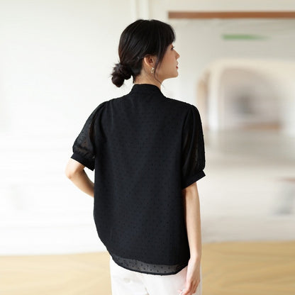 Bow Lace-up Polka Dots Short Sleeve Top