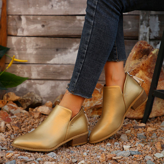 Back Zip Chunky Heel Booties Pointed Toe