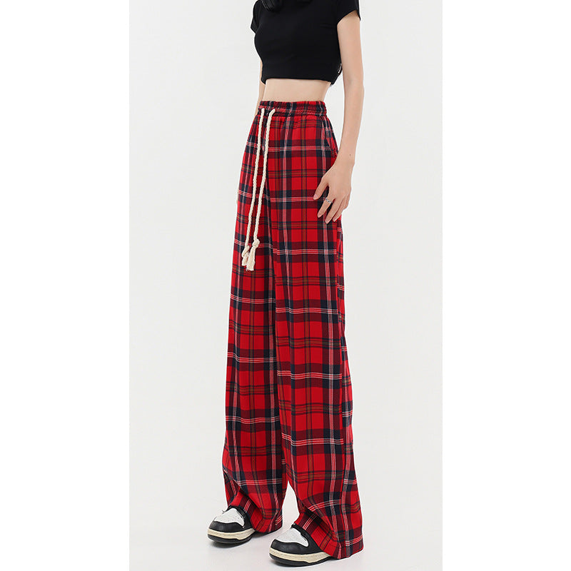 Women's Mop Drawstring Plaid Casual Pants