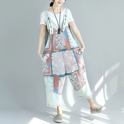Printed Denim Suspender Pants with Worn-Out Look