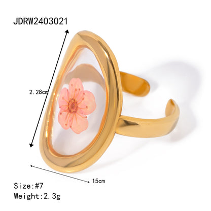 Stainless Steel Round Preserved Flower Orange Ring