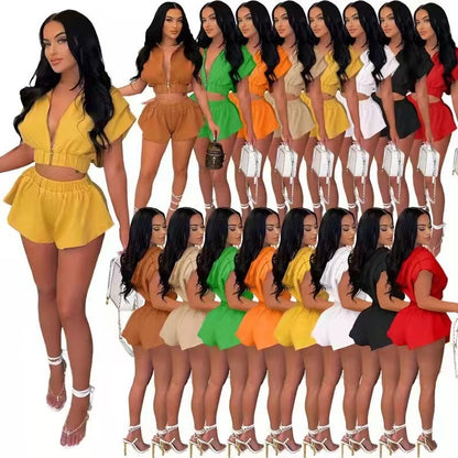 Hooded Zipper Short Sleeve Two-Piece Set