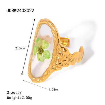 Stainless Steel Round Preserved Flower Orange Ring
