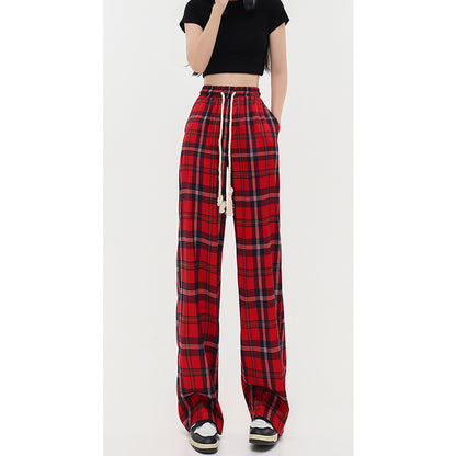 Women's Mop Drawstring Plaid Casual Pants