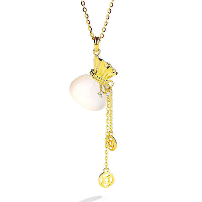 925 Silver Necklace with White Chalcedony Lucky Bag Pendant