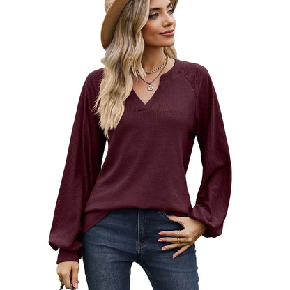Solid Color V-neck Patchwork Loose Long Sleeve T-shirt