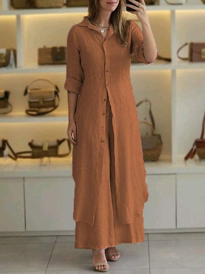 Slim-Fit Cotton Linen Long Shirt Wide-Leg Pants Suit