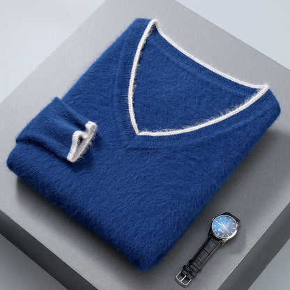 Men's Pullover V-neck Loose Color Matching Plus Size Thermal Sweater