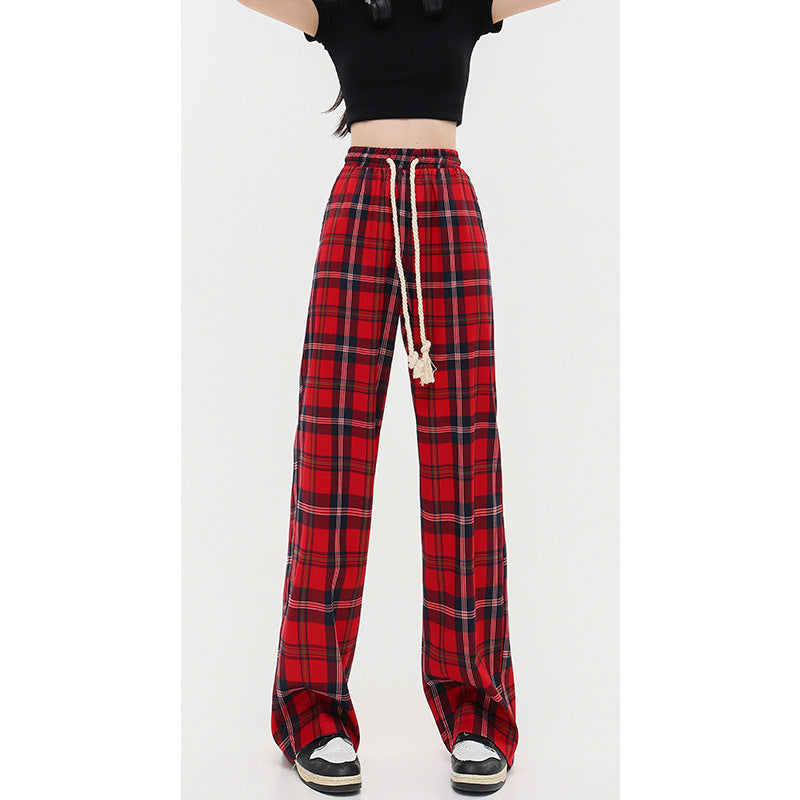 Women's Mop Drawstring Plaid Casual Pants