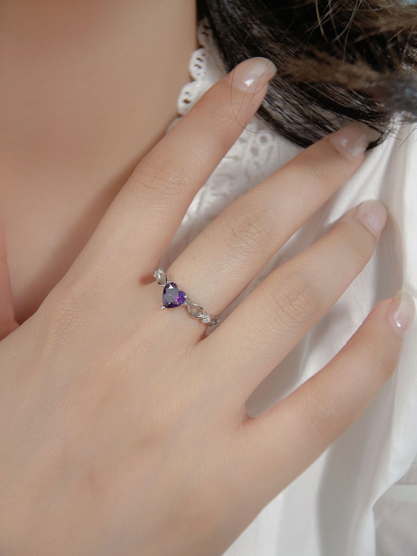 S925 Silver Amethyst Heart Gemstone Ring