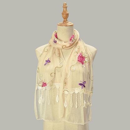 Double-layer Embroidery Flower Scarf Female Tassel