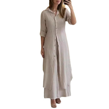 Slim-Fit Cotton Linen Long Shirt Wide-Leg Pants Suit