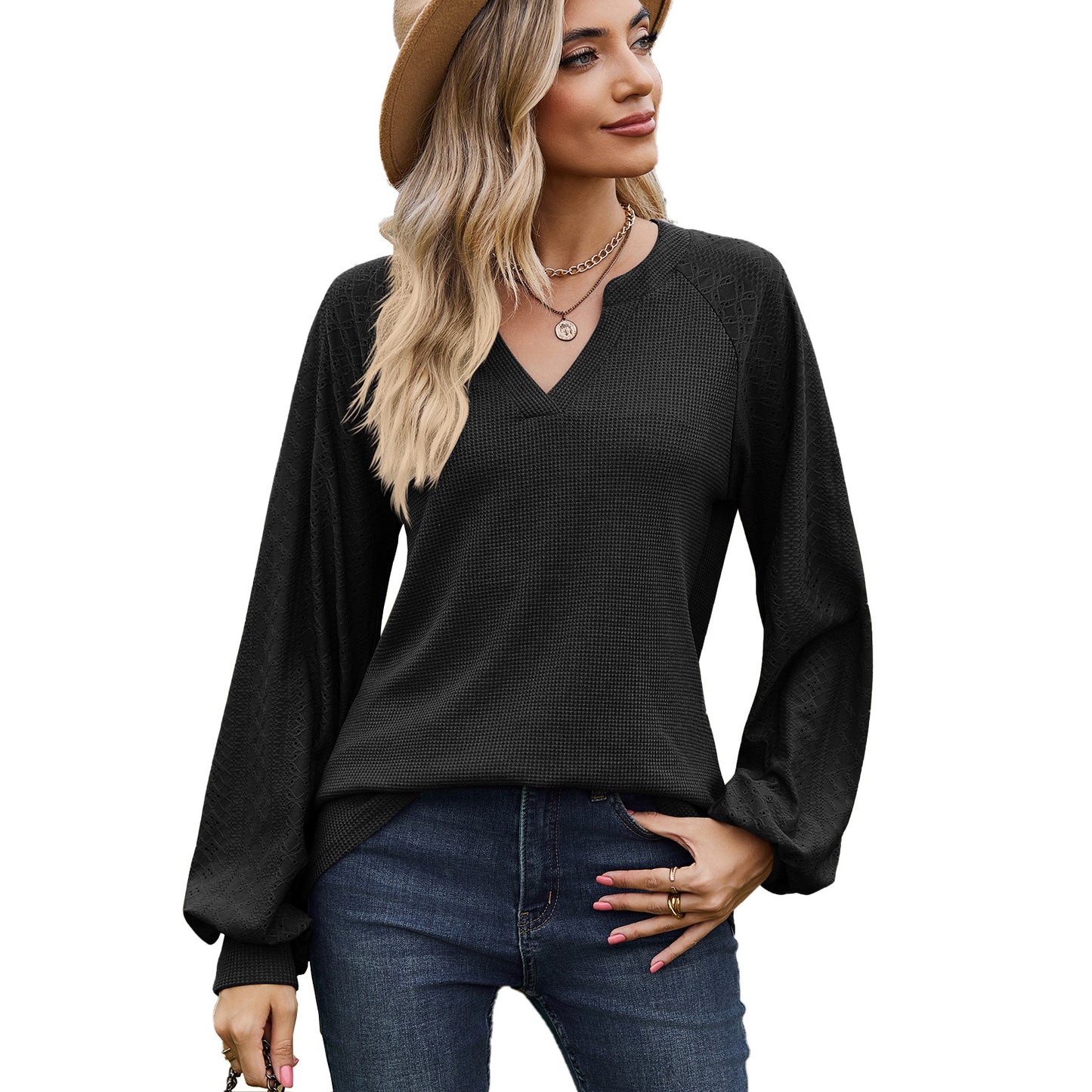 Solid Color V-neck Patchwork Loose Long Sleeve T-shirt
