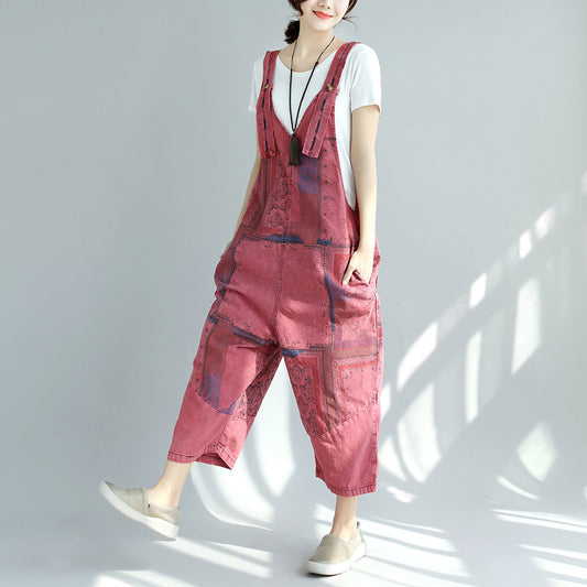 Printed Denim Suspender Pants with Worn-Out Look