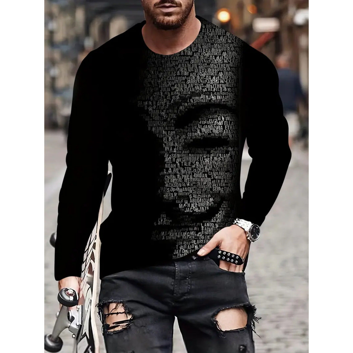 Retro 3D Printed Men's Long Sleeve Hip-hop T-shirt