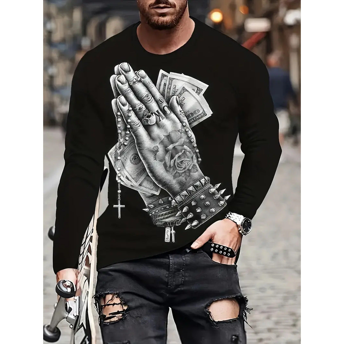 Retro 3D Printed Men's Long Sleeve Hip-hop T-shirt