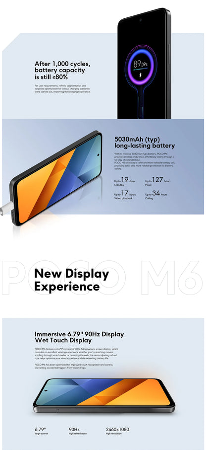 Global Version POCO M6 Smartphone Helio G91-Ultra Processor 5030mAh Large Battery 6.79" 90Hz FHD+ Display 108MP Camera Cellphone