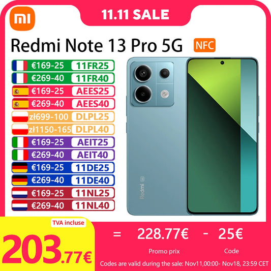 Xiaomi Redmi Note 13 Pro 5G,Smart Phones,NFC,6.67" 1.5K AMOLED display,120Hz,200MP Camera,67W Charger,5100mAh Battery,Global Version