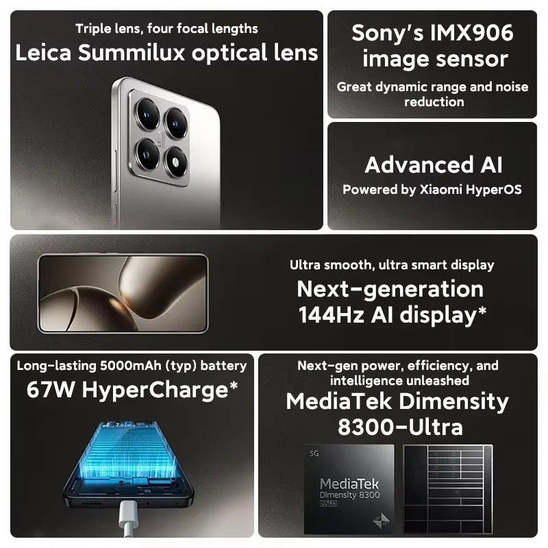 Global Version Xiaomi 14T 5G 6.67" AMOLED Display 256GB 512GB MTK Dimensity 8300-Ultra 144Hz 50MP Leica Camera 67W HyperCharge