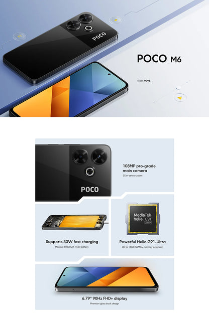 Global Version POCO M6 Smartphone Helio G91-Ultra Processor 5030mAh Large Battery 6.79" 90Hz FHD+ Display 108MP Camera Cellphone