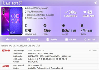 HUAWEI Nova 5T Smartphone Android Google Play Store 48MP Camera 6.26 inch 128GB 256GB ROM Mobile phones 4G Network Cell phone