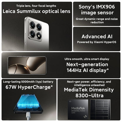 Global Version Xiaomi 14T 5G 6.67" AMOLED Display 256GB 512GB MTK Dimensity 8300-Ultra 144Hz 50MP Leica Camera 67W HyperCharge