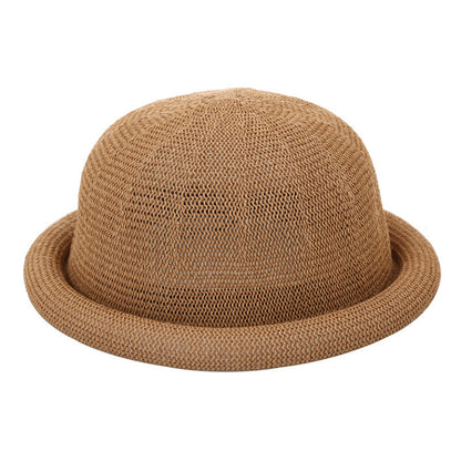 Women's Straw Yarn Curled Brim Round Crown Top Hat Leisure Basin Hat