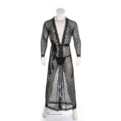 Men's Polka Dot Japanese Kimono Silky Lace Bathrobe