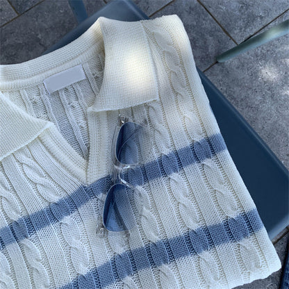 Lightweight Y-shaped Lapel Vertical Striped Sweater