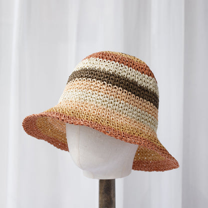Striped Handmade Crocheted Rainbow Straw Hat For Women Foldable Sun-proof
