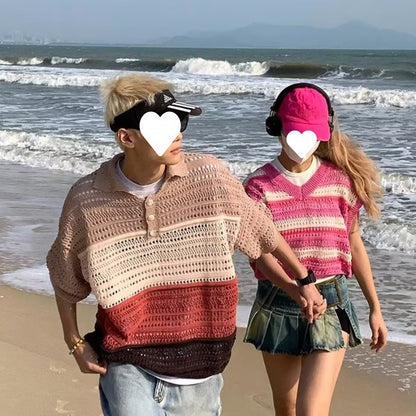 Retro Striped Lapel Knitted Summer Couple's Shirt
