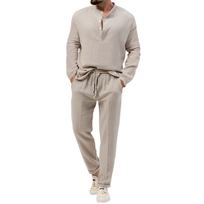 Solid Color Casual T-shirt Long Sleeve Shirt Trousers Set