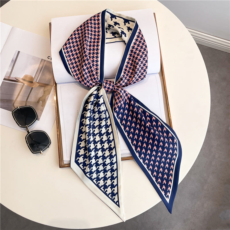 Thin Houndstooth Silk Scarf - Hair Tie