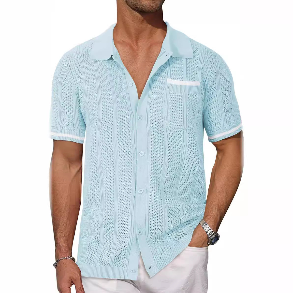 Men's Short Sleeve Pocket Hollow Summer Cardigan
