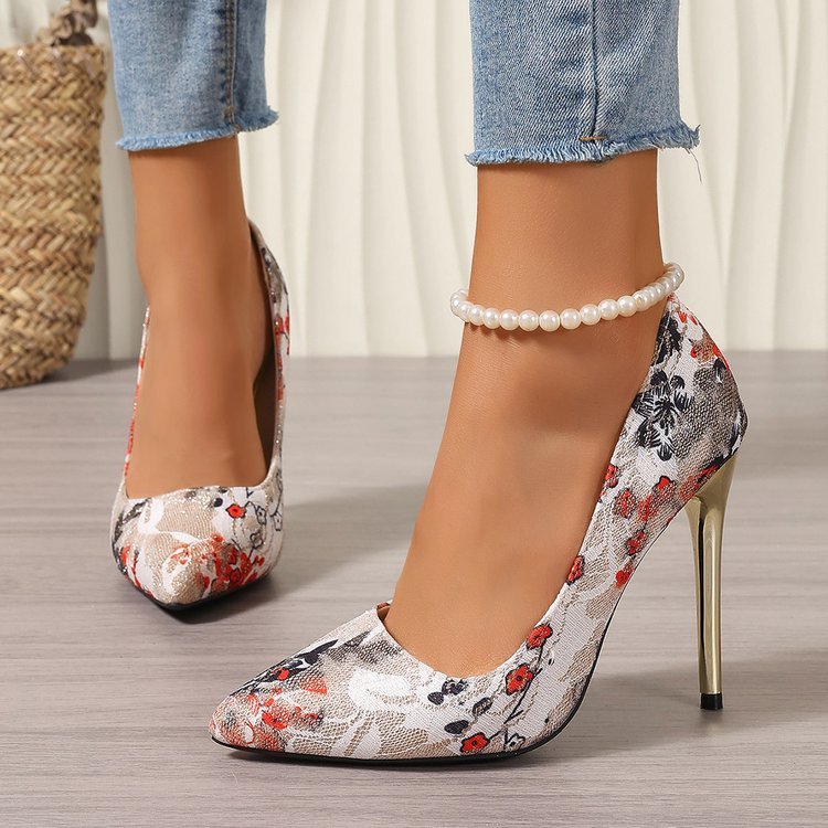 Women's Ethnic Style Flower Stiletto Heel Cheongsam High Heels