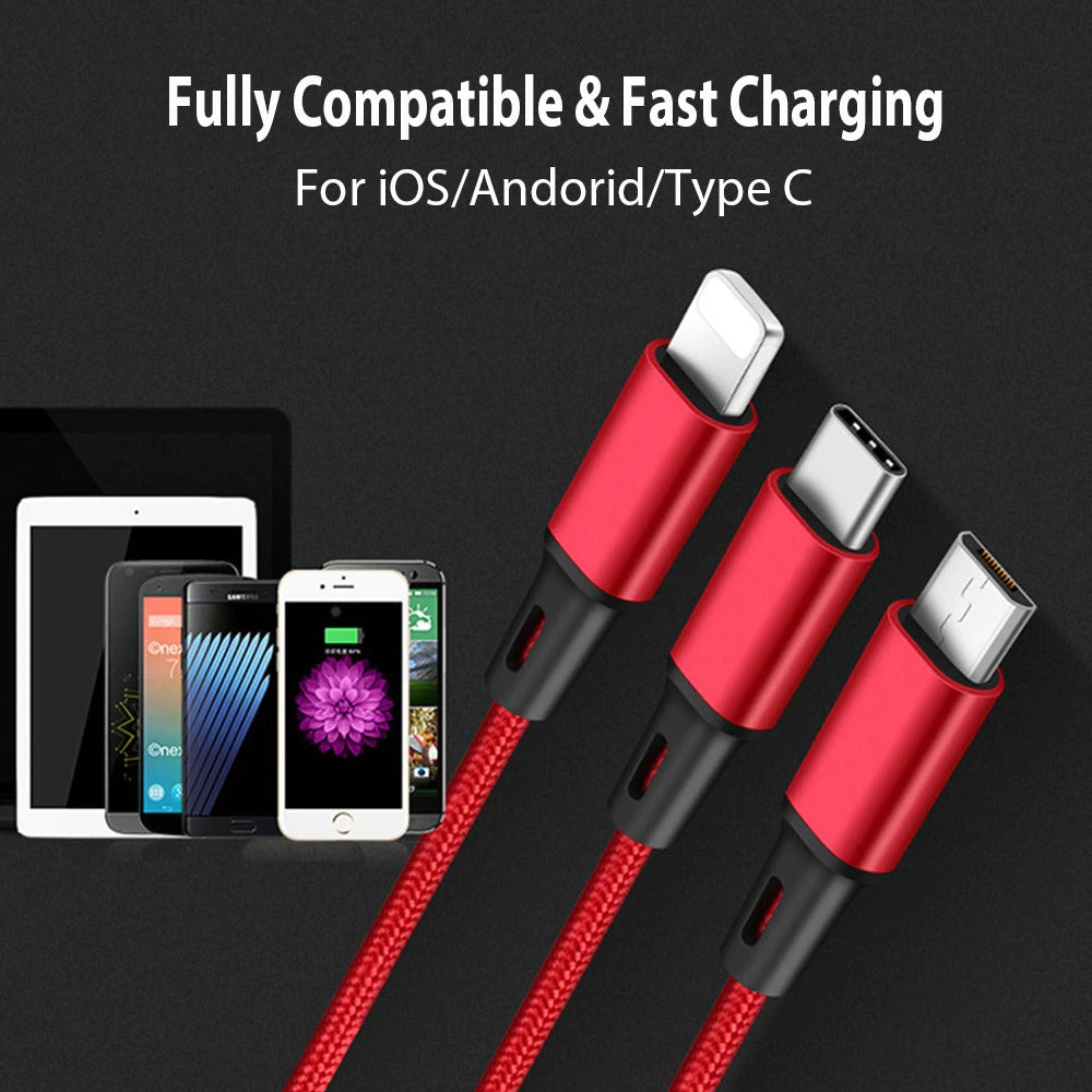 a set of three red charging cables next to an iphone