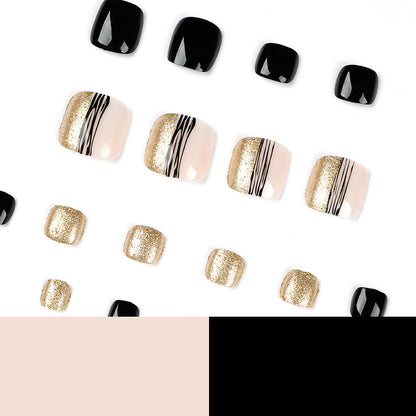 Fashion Black Line Gold Powder Manicure Nails