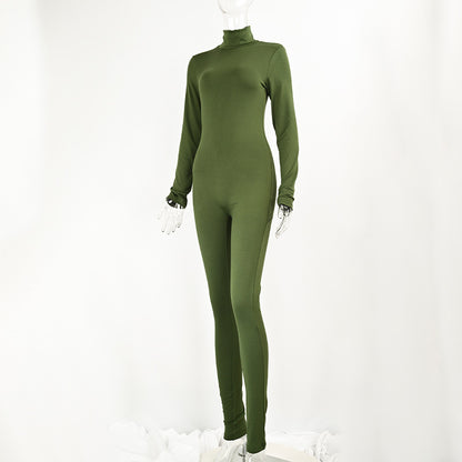 Solid Color Fleece-Lined Long Sleeve Yoga Jumpsuit for Autumn and Winter