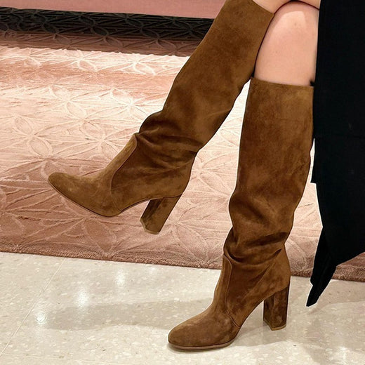 Suede Pleated High Heel Thick Heel Pointed Sleeve Boots