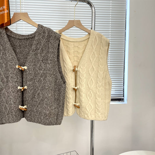 Retro Horn Button V-neck Sweater Vest