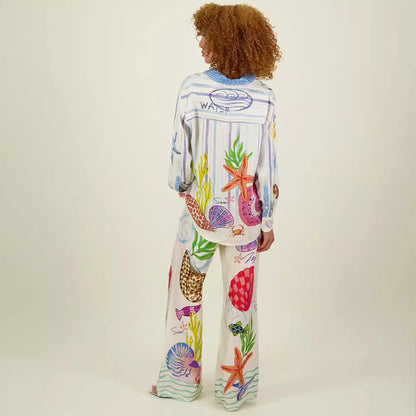 Satin Printed Graffiti Casual Shirt and Trousers Set