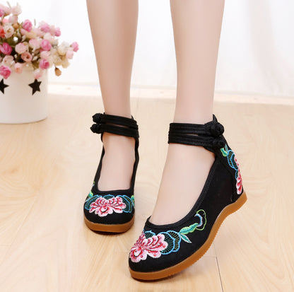 Women's Rhinestone Ethnic Style Double Buckle Canvas High Heels