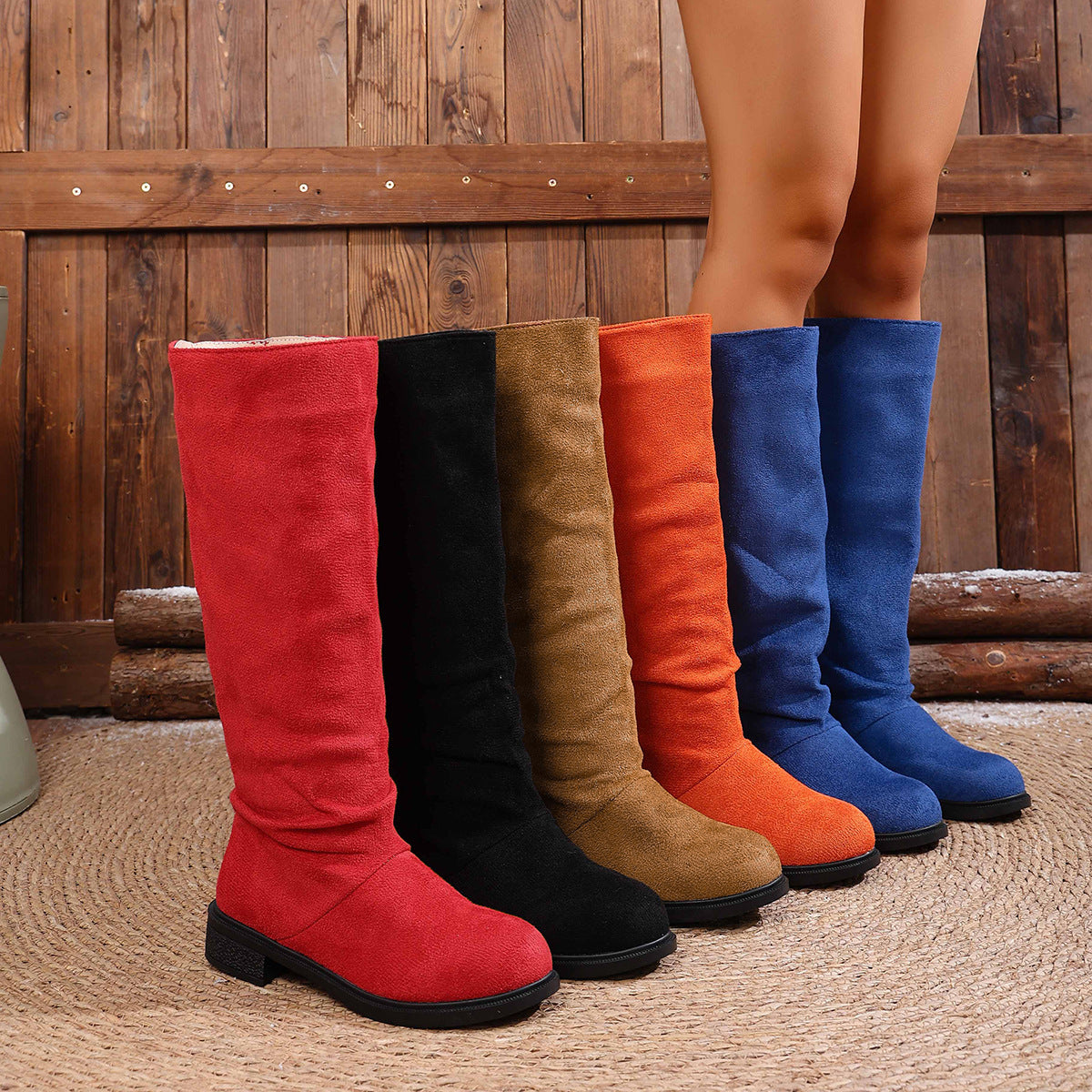 European And American Fashion Suede Sleeve High Leg Boot Low Heel Large Size Below The Knee Boots