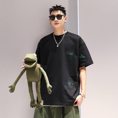 Men's Cotton Embroidery Loose Pullover Short Sleeve
