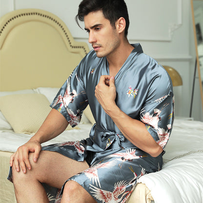 Printed Silk Nightgown Men's Groom Morning Gown Pajamas