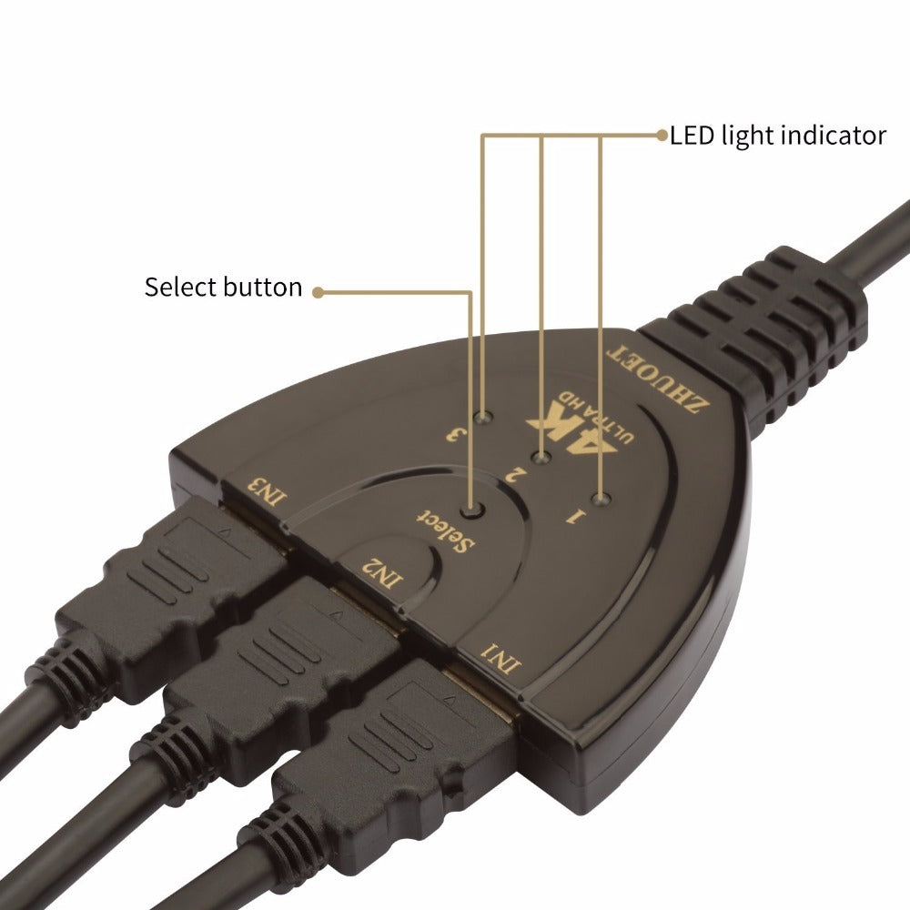 3-Port 4K HDMI 2.0 Splitter Switcher Adapter Hub for 3D and 4K Displays
