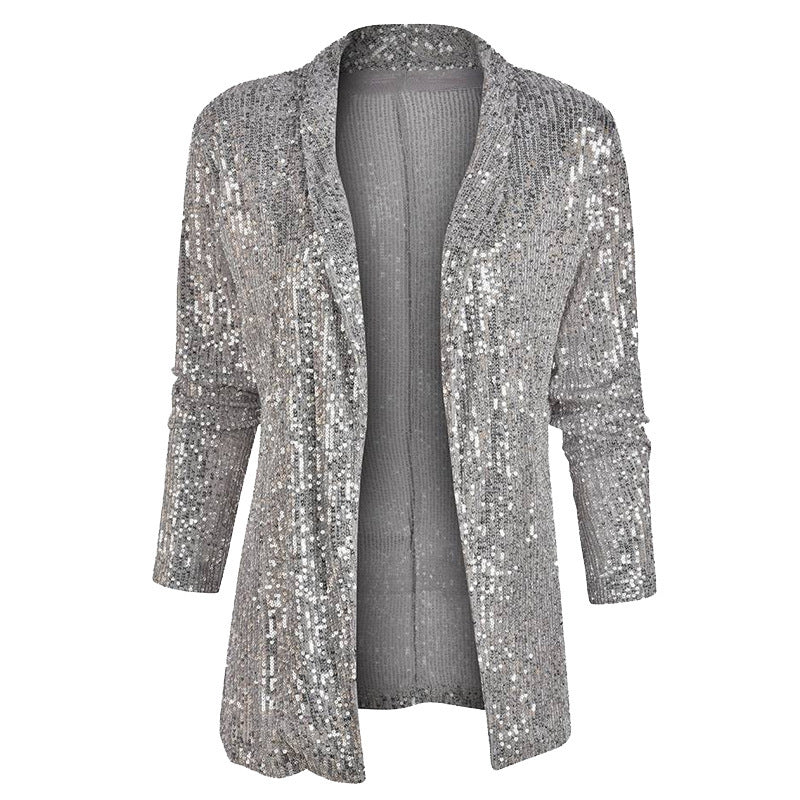 Women's Sequin Long Sleeve Temperament Mid-length Polo Collar Solid Color Coat