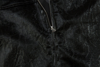 Men's Split Splicing Solid Color Loose Standing Collar Leather Jacket