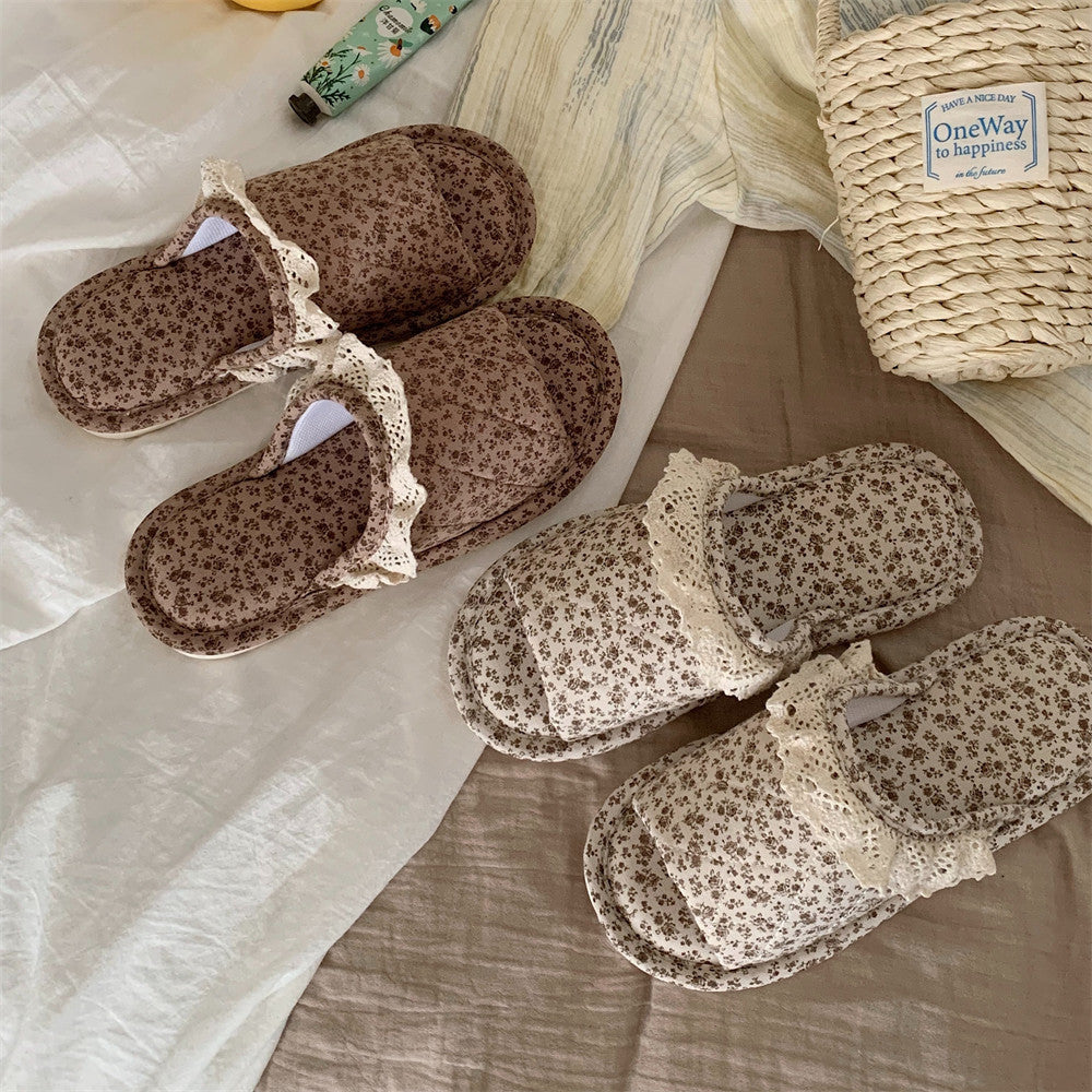 Home Style Vintage Floral One Word Four Seasons Universal Cotton Slippers Female