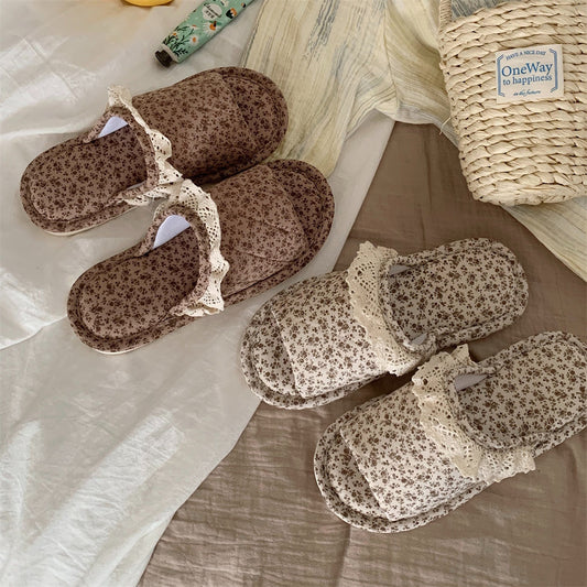 Home Style Vintage Floral One Word Four Seasons Universal Cotton Slippers Female